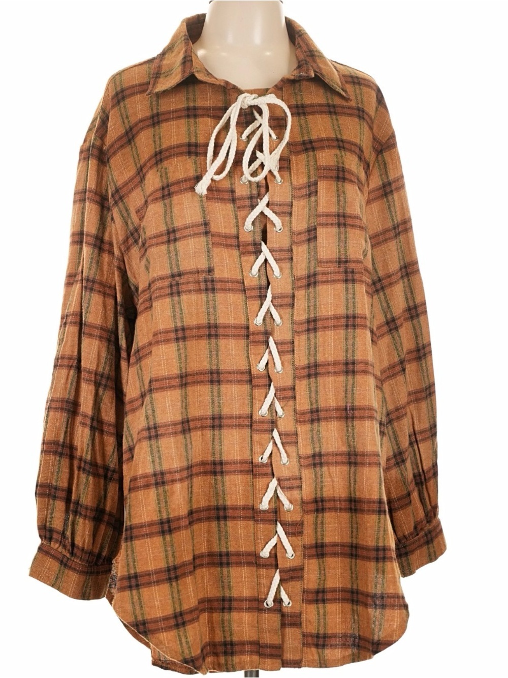 POL Rust Plaid Lace-Up Tunic with Cream Tie
